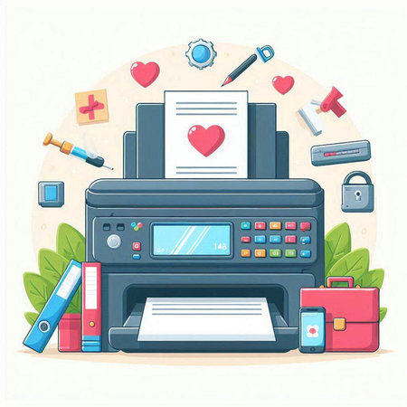 Colorful vector illustration of a printer with documents and other items.のイラスト素材