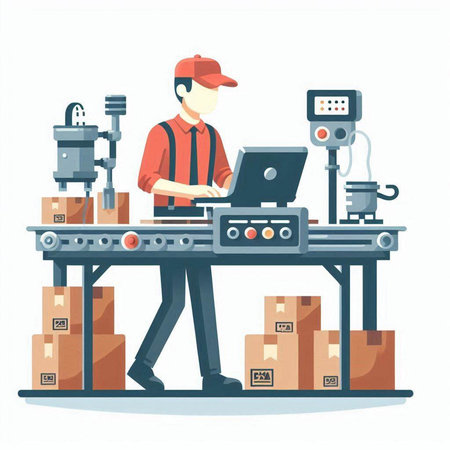 Warehouse worker working on laptop. Vector illustration in flat style.のイラスト素材