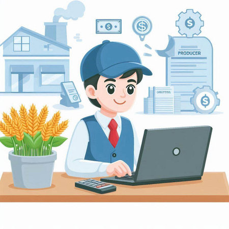 Businessman working with laptop in the office. Vector illustration in cartoon style.のイラスト素材
