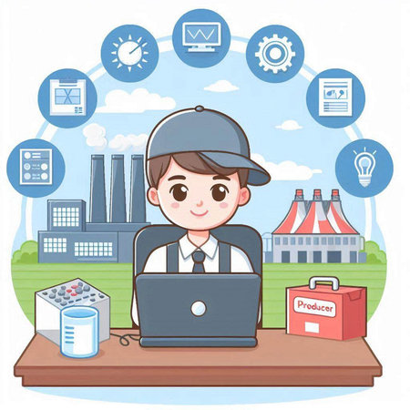Young man working at the factory and using laptop. Vector Illustrationのイラスト素材