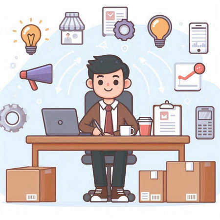 Businessman working in office. Vector illustration in a flat style.のイラスト素材