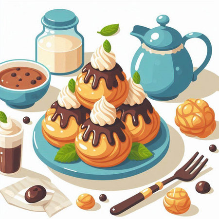 Illustration of a set of delicious desserts with chocolate and whipped creamのイラスト素材