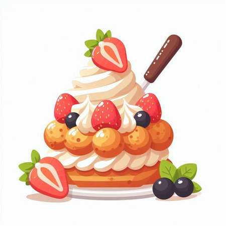 Cake with cream and berries. Vector illustration on white background.のイラスト素材