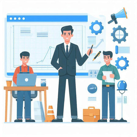 Businessman and business team working together in office vector illustration. Teamwork, brainstorming concept.のイラスト素材