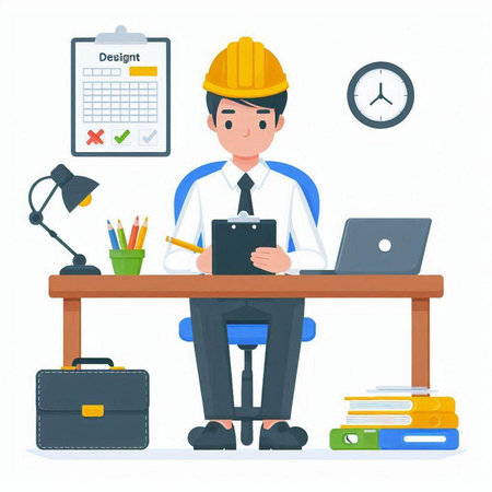 Engineer man working at office. Vector illustration in a flat styleのイラスト素材