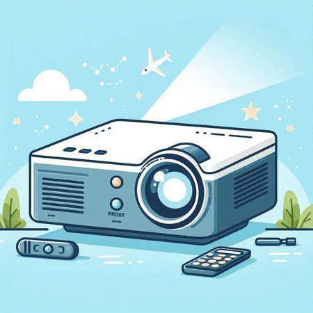 Vector illustration of a movie projector on the background of the sky.のイラスト素材