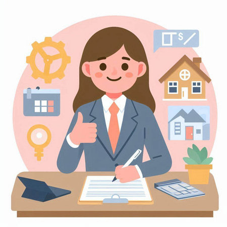 Businesswoman working on a real estate project. Vector illustration in cartoon style.のイラスト素材