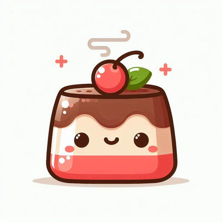Cute cartoon chocolate panna cotta with cherry on top. Vector illustration.のイラスト素材
