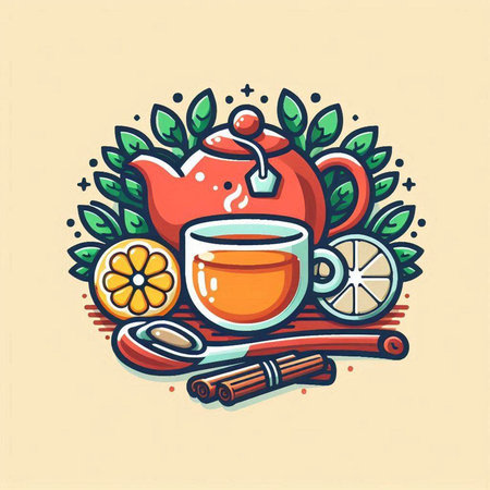 Cup of tea with lemon, cinnamon and cloves. Vector illustration.のイラスト素材