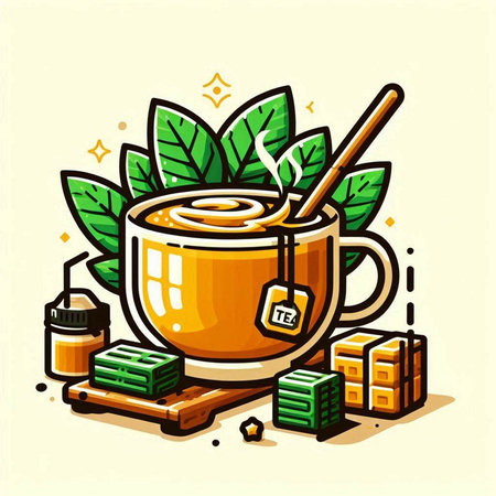 Cup of tea with teabag and leaves. Vector illustration.のイラスト素材