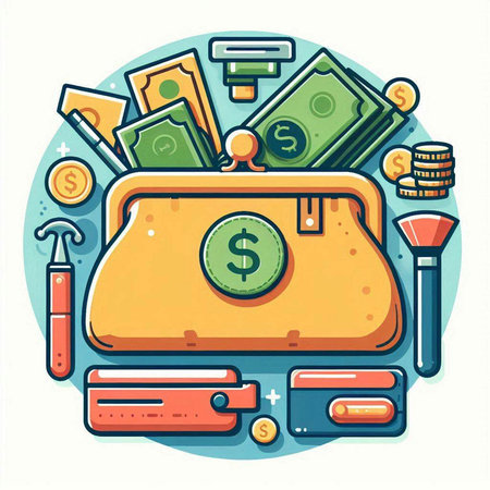 Vector illustration of a purse with money, banknotes, credit cards, coins and tools.のイラスト素材