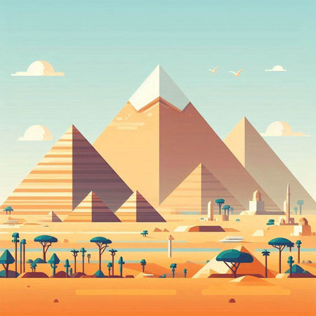Egyptian pyramids and desert landscape. Vector illustration. Retro style.のイラスト素材