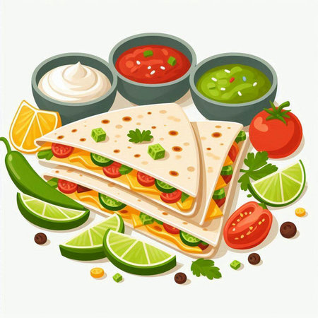 Mexican quesadilla with salsa, guacamole, lime, onion, tomato, pepper and mayonnaiseのイラスト素材