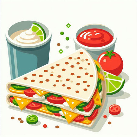 Tortilla with tomato sauce and cucumber. Vector illustration.のイラスト素材