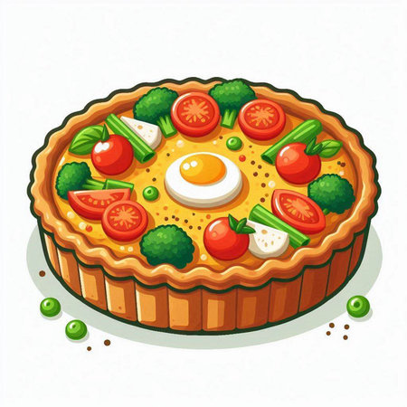 Cartoon vector illustration of a vegetarian pie with tomatoes, broccoli and eggのイラスト素材