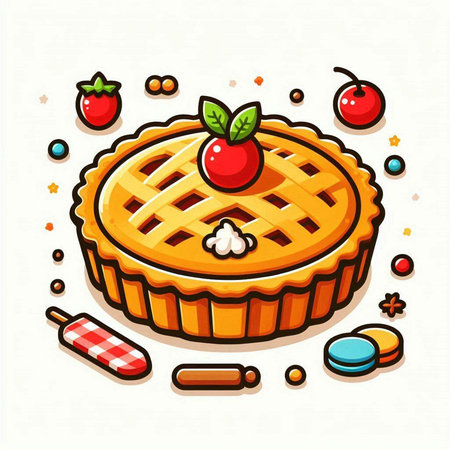 Cherry pie vector illustration. Sweet pie with berries and candies.のイラスト素材