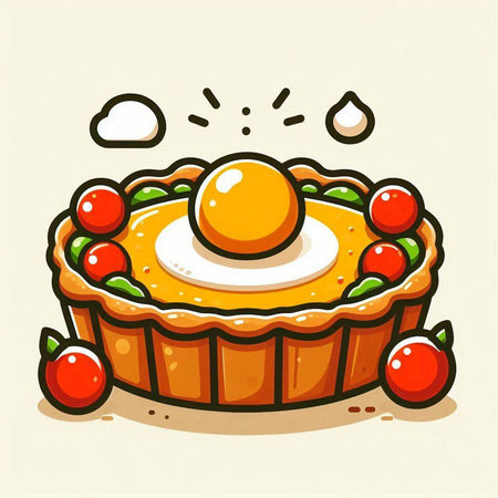 Cartoon illustration of a pie with egg yolk and cherry tomatoesのイラスト素材