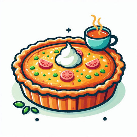 Illustration of a pie with tomato, cheese and peas on a white backgroundのイラスト素材