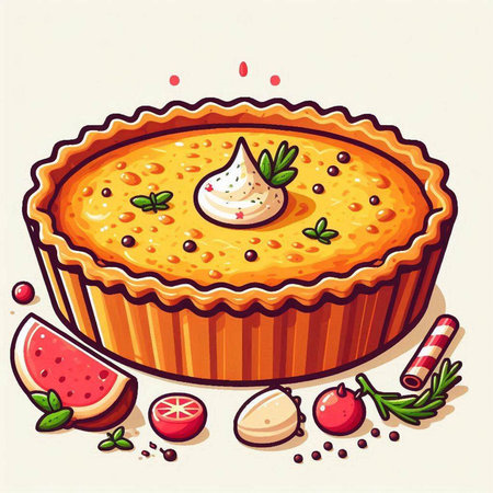 Illustration of a pie with fruit and cream on a white backgroundのイラスト素材