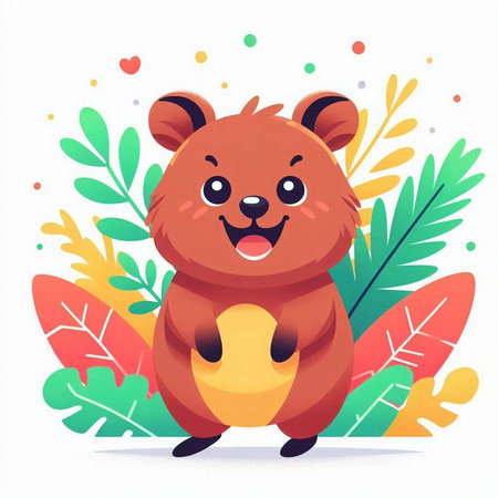 Cute cartoon hamster character on a background of tropical leaves. Vector illustration.のイラスト素材