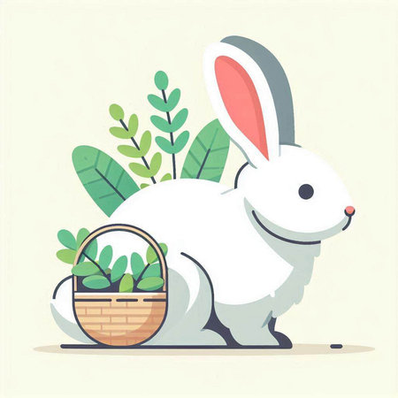 Cute rabbit with basket and flowers. Vector illustration in flat styleのイラスト素材