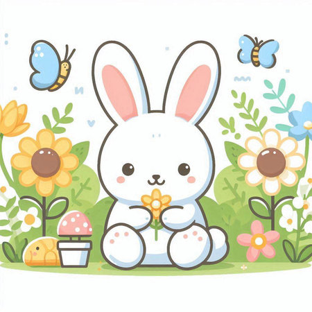 Easter bunny with eggs, flowers and butterflies. Vector illustration.のイラスト素材