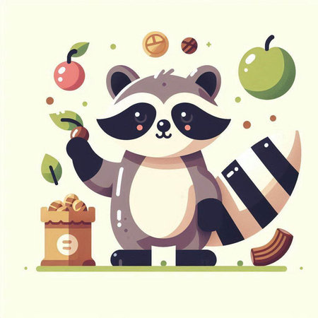 Cute raccoon with a bag of fruits. Vector illustration.のイラスト素材
