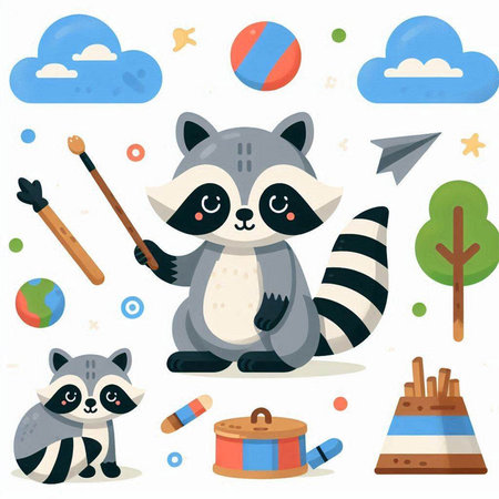 Cute raccoon with different toys. Vector illustration in cartoon style.のイラスト素材