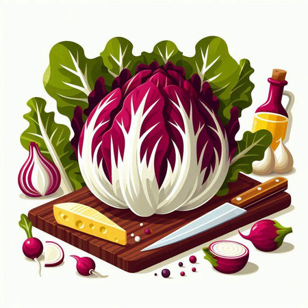 Radicchio salad with ingredients on cutting board. Vector illustration.のイラスト素材
