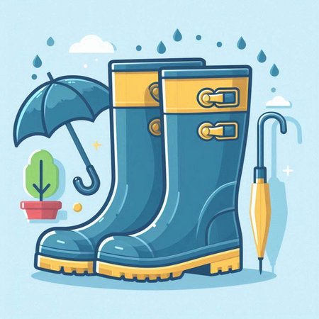 Vector illustration of rubber boots with umbrella and rain drops in cartoon style.のイラスト素材