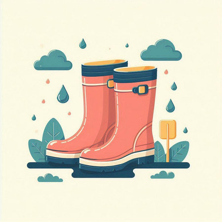 Pair of rubber boots and raindrops. Vector illustration in flat style.のイラスト素材