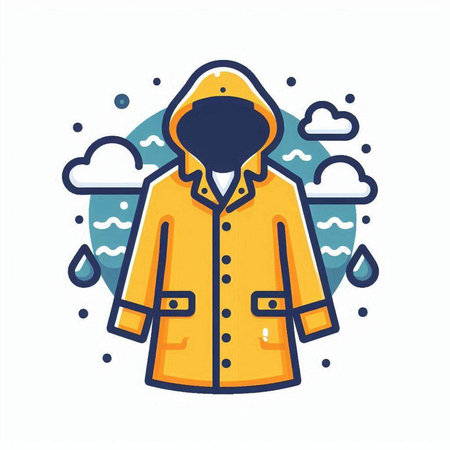 Yellow raincoat with hood and rain drops. Vector flat illustration.のイラスト素材