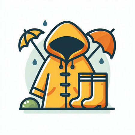 Raincoat with umbrella and rubber boots. Vector illustration in flat styleのイラスト素材