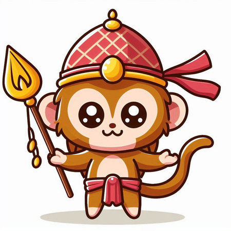 Cute Monkey Cartoon Mascot Character With Spear Vector Illustrationのイラスト素材