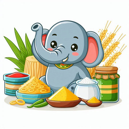 Elephant with food. Vector illustration of a cute baby elephant.のイラスト素材