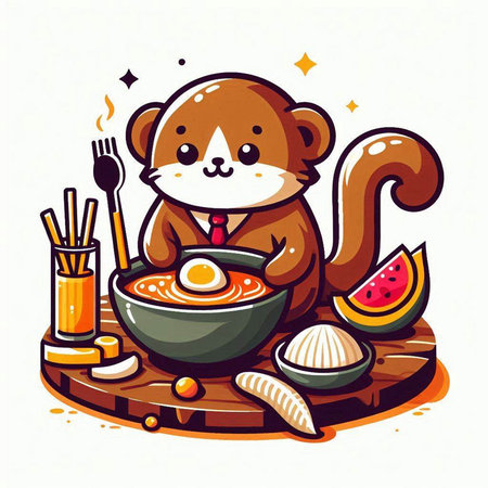 Illustration of a hamster with a bowl of hot soup.のイラスト素材