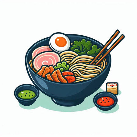 Illustration of japanese ramen noodle soup in bowlのイラスト素材
