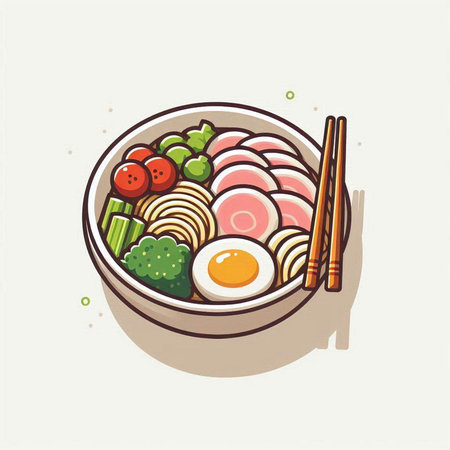 Bowl of miso soup with vegetables and egg. Vector illustration.のイラスト素材