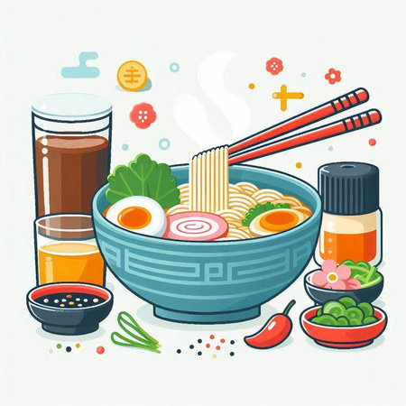 Bowl of japanese ramen noodle soup. Vector illustration.のイラスト素材