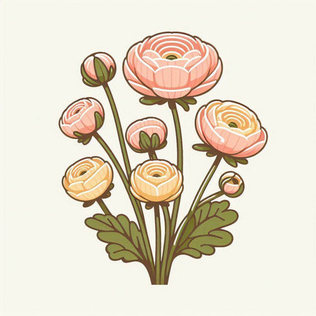 Illustration of pink ranunculus flowers bouquet in vintage styleのイラスト素材
