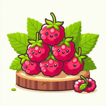 Raspberries with leaves on a wooden stand. Vector illustration.のイラスト素材