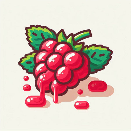 Raspberry icon. Vector illustration of a raspberry with drops of juice.のイラスト素材