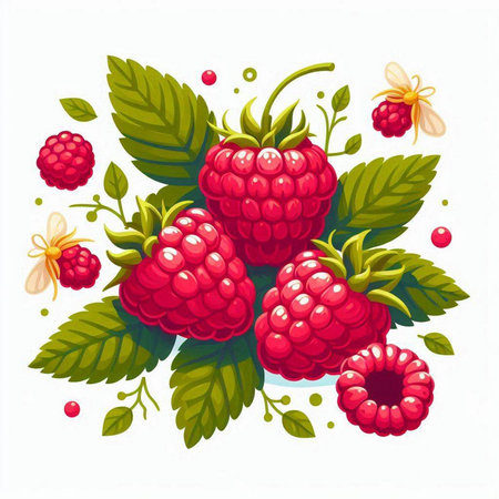 Ripe raspberries with leaves and berries. Vector illustration.のイラスト素材