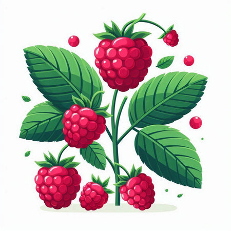 Raspberry branch with berries and leaves isolated on white background. Vector illustration.のイラスト素材