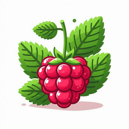 Raspberry with leaves isolated on white background. Vector cartoon illustration.のイラスト素材