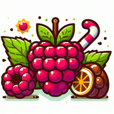 Vector illustration of a raspberry, orange, candy cane and mint leaves.のイラスト素材