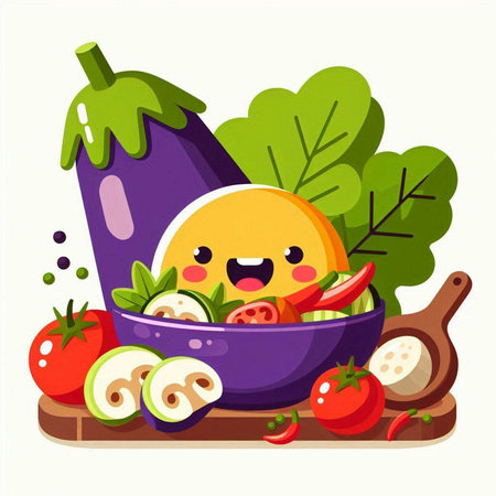 Vegetable salad in a bowl. Cute cartoon character. Vector illustration.のイラスト素材
