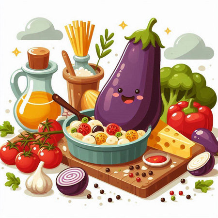Illustration of a Cute Eggplant with Vegetables and Fruitsのイラスト素材