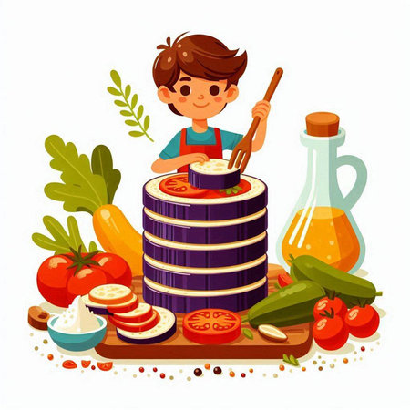 Cartoon boy cooking tomato soup. Vector illustration of a boy in apron preparing vegetable soup.のイラスト素材