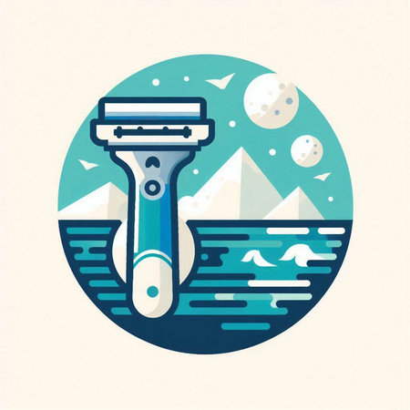 Vector illustration of a razor on the background of the sea and mountains.のイラスト素材